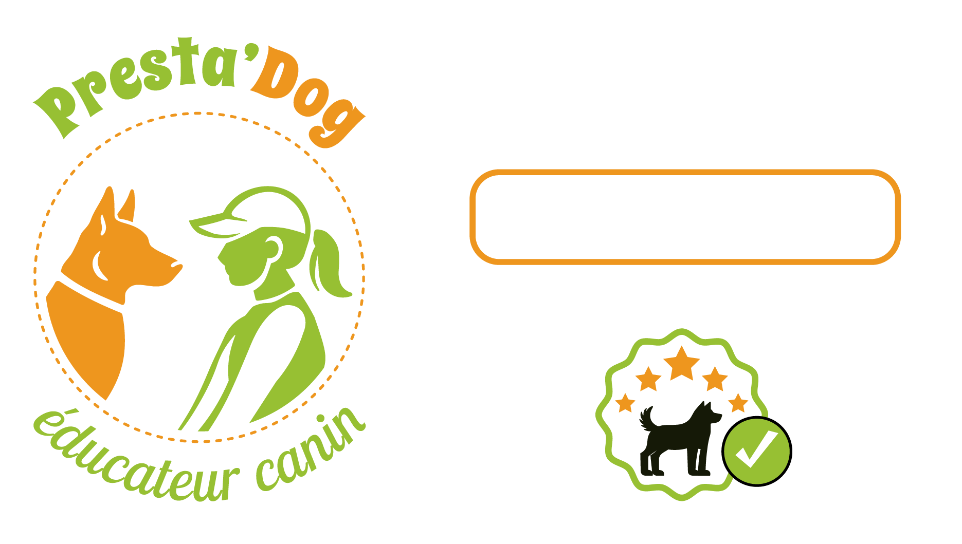 Logo de Presta’Dog avec le numéro de téléphone 06 18 56 32 12 et une certification d’éducateur certifié.